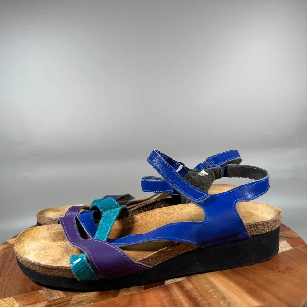Naot Women 11 Blue Purple Teal Leather Strappy Cork Platform Sandals EU 42